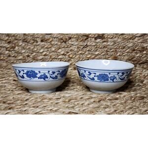 Set Of 2 Vintage Chinese Jingdezhen Soup Bowl Cup Porcelain Handmade White Blue